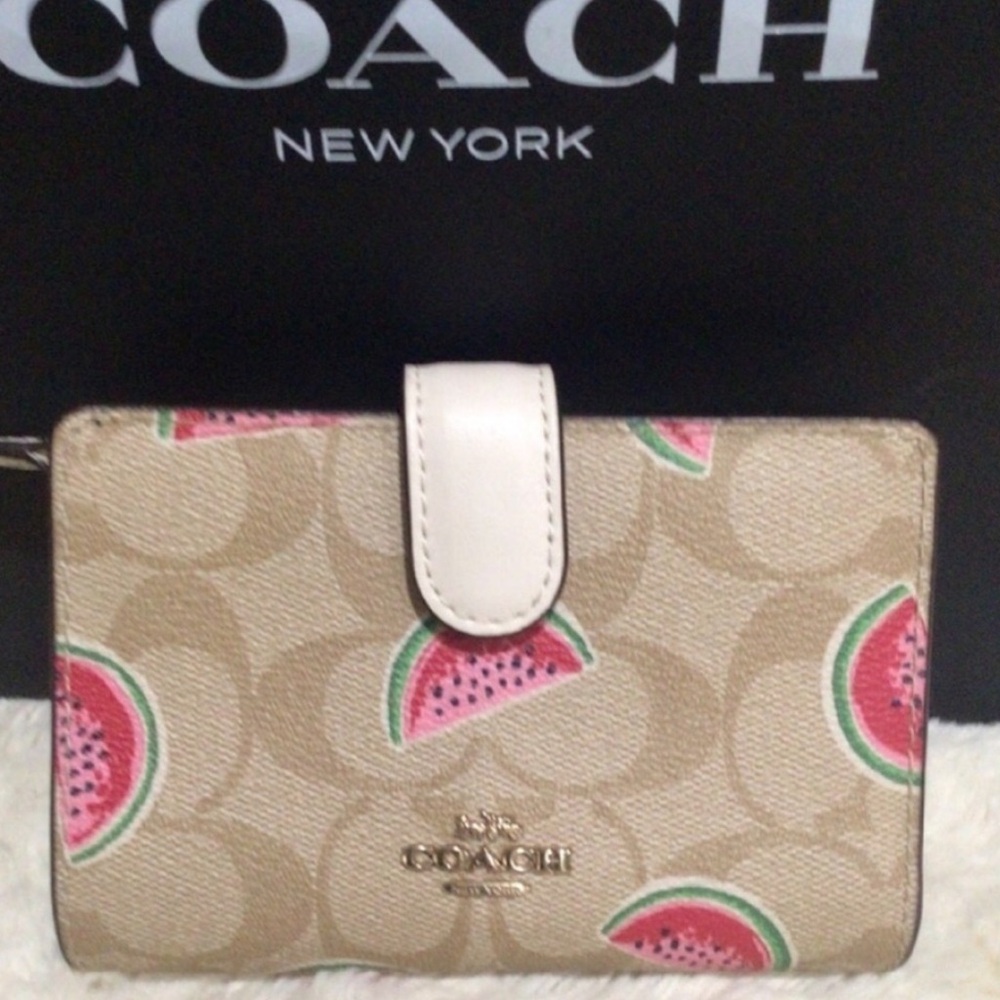 Coach Beige Signature Canvas Wallet with Pink Watermelon Print